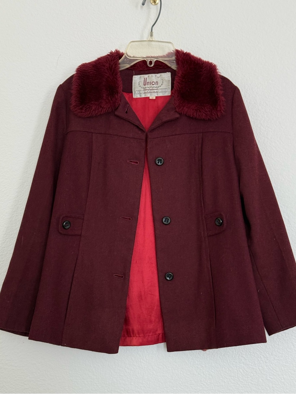 Union Made Women's Burgundy Wool-Blend Pea Coat with Faux Fur Collar